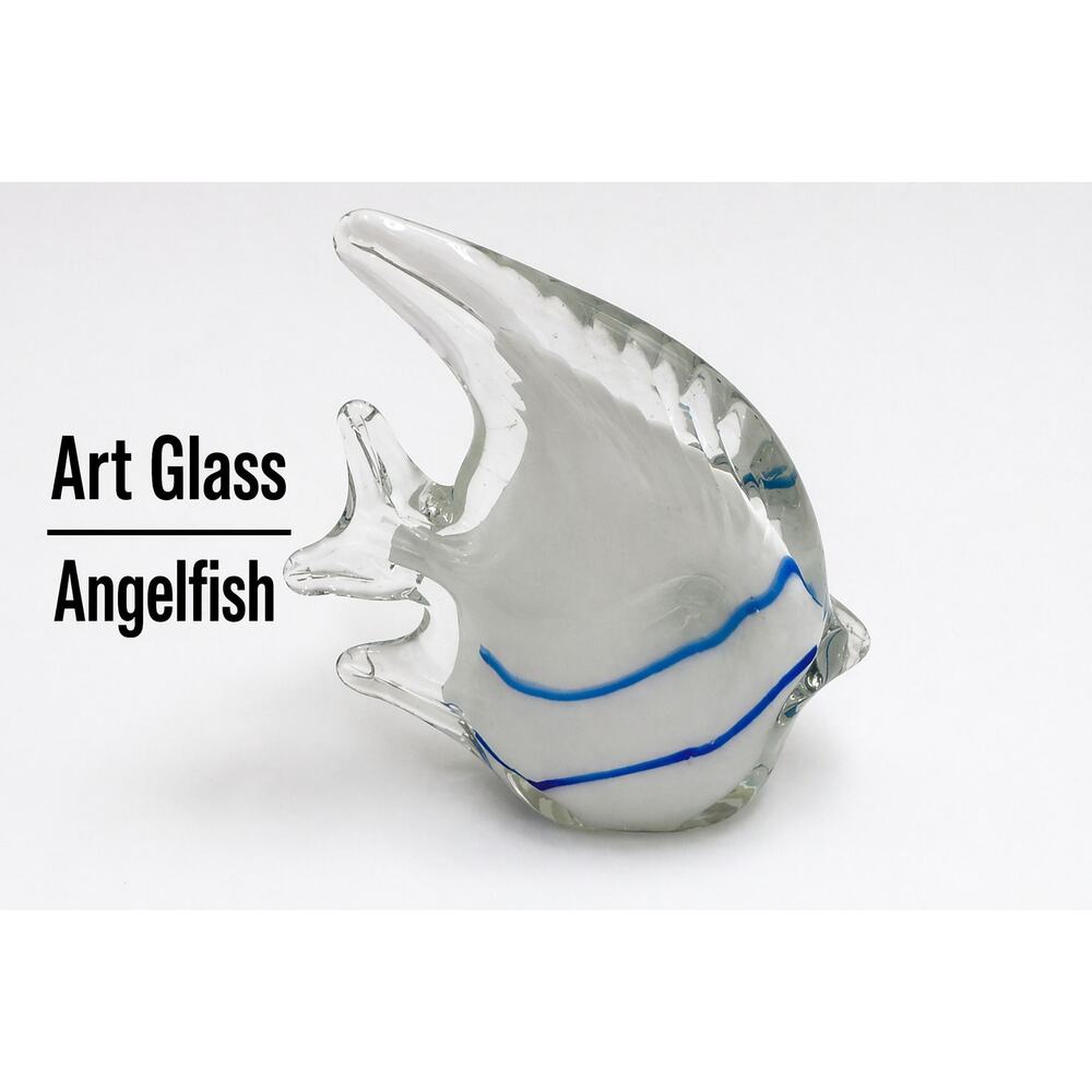 Art Glass Angelfish Figurine Blue White Striped Paperweight Coastal Decor